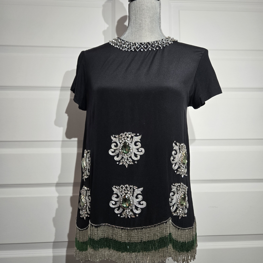 Chic Black Embellished Blouse with Green Details